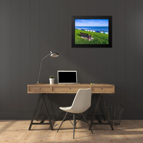 Bench on lawn with beach huts in background Black Modern Wood Framed Art Print by Frank, Assaf
