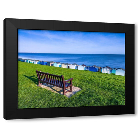 Bench on lawn with beach huts in background Black Modern Wood Framed Art Print by Frank, Assaf