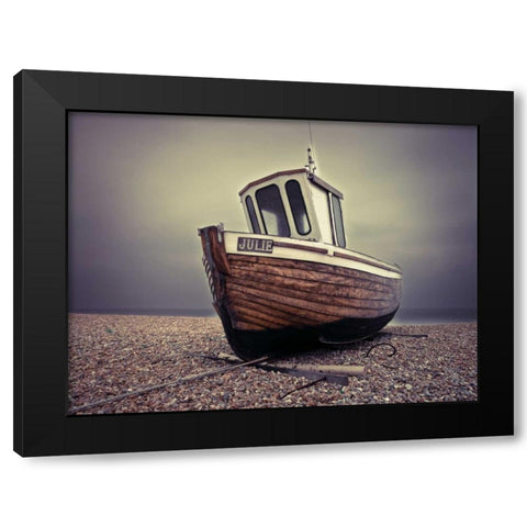Boat moored on pebbled Beach Black Modern Wood Framed Art Print by Frank, Assaf
