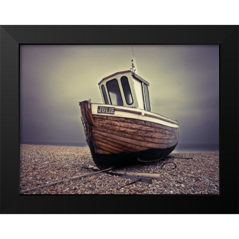 Boat moored on pebbled Beach Black Modern Wood Framed Art Print by Frank, Assaf