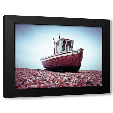 Boat moored on pebbled Beach Black Modern Wood Framed Art Print by Frank, Assaf