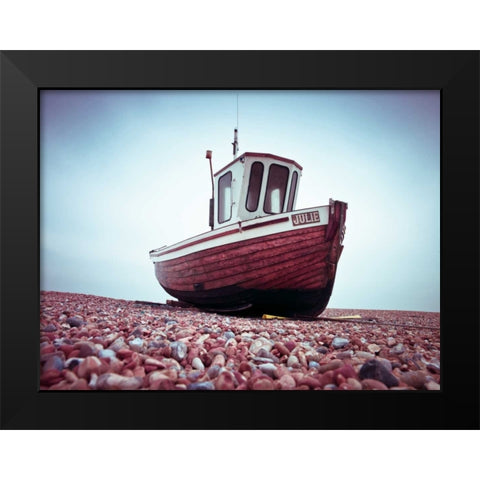 Boat moored on pebbled Beach Black Modern Wood Framed Art Print by Frank, Assaf