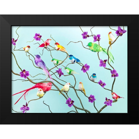 Fake birds on branches Black Modern Wood Framed Art Print by Frank, Assaf