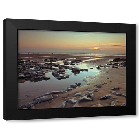 Rock pools on the beach at dusk Black Modern Wood Framed Art Print by Frank, Assaf