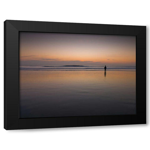 Little boy standing on the beach at dusk Black Modern Wood Framed Art Print by Frank, Assaf