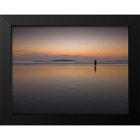 Little boy standing on the beach at dusk Black Modern Wood Framed Art Print by Frank, Assaf