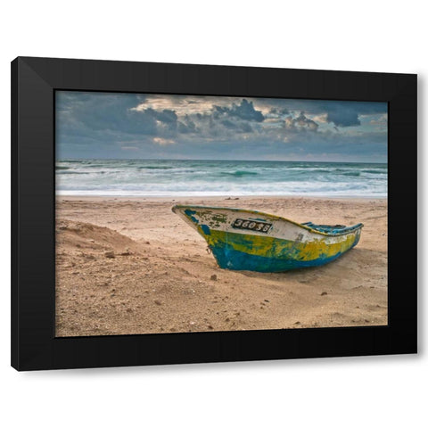 Fishing Boat on the shore, Palmachim Beach, Israel Black Modern Wood Framed Art Print by Frank, Assaf