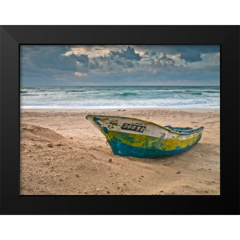 Fishing Boat on the shore, Palmachim Beach, Israel Black Modern Wood Framed Art Print by Frank, Assaf