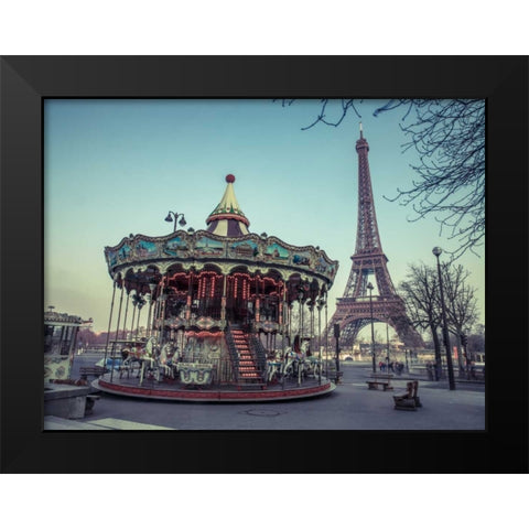 Carousel with the Eiffel tower in the background Black Modern Wood Framed Art Print by Frank, Assaf