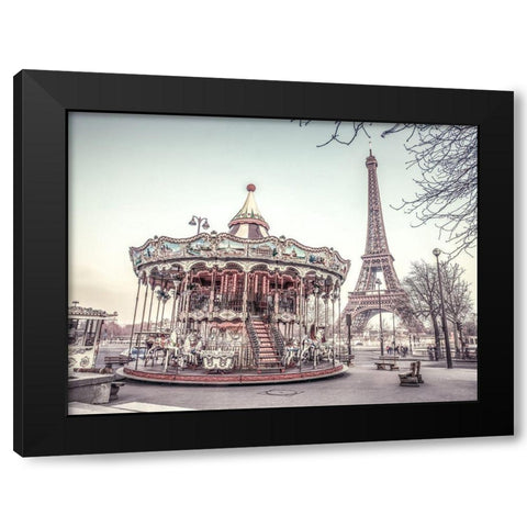 Carousel and the Eiffel tower Black Modern Wood Framed Art Print by Frank, Assaf