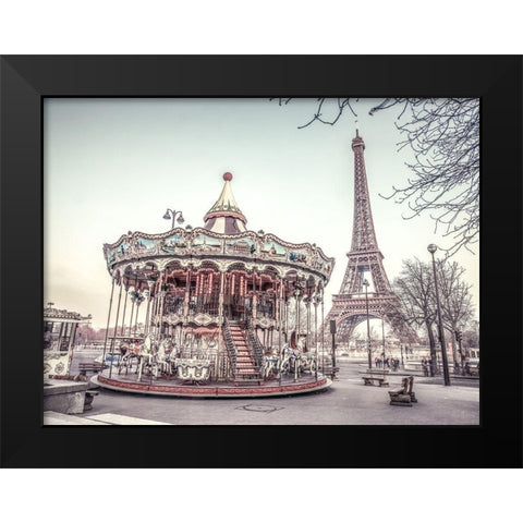 Carousel and the Eiffel tower Black Modern Wood Framed Art Print by Frank, Assaf