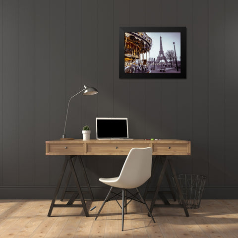 Carousel with the Eiffel tower in the background Black Modern Wood Framed Art Print by Frank, Assaf