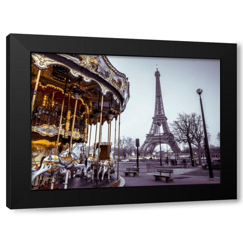 Carousel with the Eiffel tower in the background Black Modern Wood Framed Art Print by Frank, Assaf