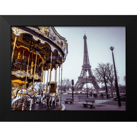 Carousel with the Eiffel tower in the background Black Modern Wood Framed Art Print by Frank, Assaf