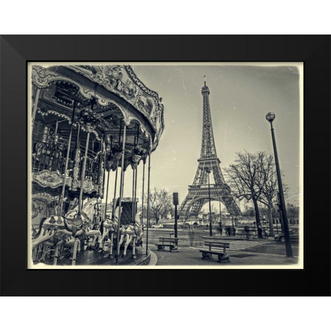 Carousel with the Eiffel tower in the background Black Modern Wood Framed Art Print by Frank, Assaf