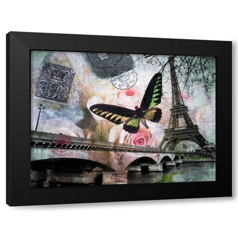 Eiffel tower with butterfly and roses overlay Black Modern Wood Framed Art Print by Frank, Assaf