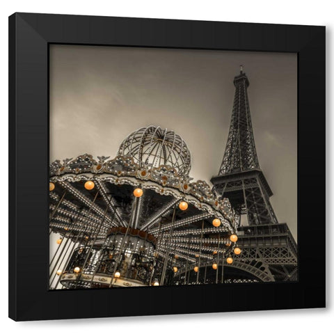 Carousel with the Eiffel tower in the background Black Modern Wood Framed Art Print by Frank, Assaf