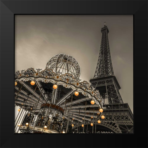 Carousel with the Eiffel tower in the background Black Modern Wood Framed Art Print by Frank, Assaf