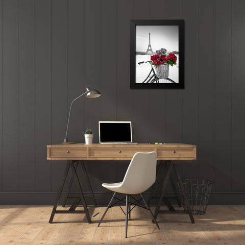 Teddy Bears and bunch of red roses on bicycle with Eiffel tower in the background Black Modern Wood Framed Art Print by Frank, Assaf