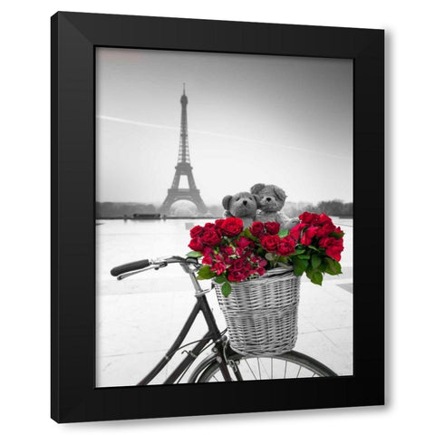 Teddy Bears and bunch of red roses on bicycle with Eiffel tower in the background Black Modern Wood Framed Art Print by Frank, Assaf