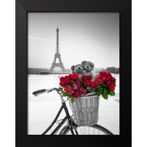 Teddy Bears and bunch of red roses on bicycle with Eiffel tower in the background Black Modern Wood Framed Art Print by Frank, Assaf