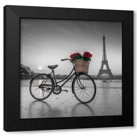 A bicycle with a basket of flowers with the Eiffel tower in the background Black Modern Wood Framed Art Print by Frank, Assaf