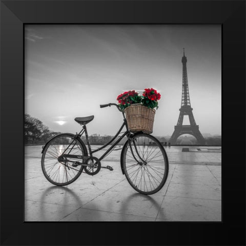 A bicycle with a basket of flowers with the Eiffel tower in the background Black Modern Wood Framed Art Print by Frank, Assaf