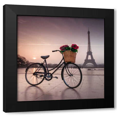 A bicycle with a basket of flowers with the Eiffel tower in the background Black Modern Wood Framed Art Print by Frank, Assaf