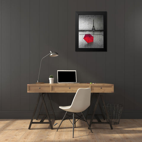 Red umbrella in front of the Eiffel tower with handwritting overlay Black Modern Wood Framed Art Print by Frank, Assaf