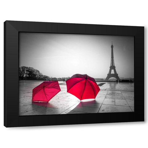 Two Umbrellas in front of the Eiffel tower, Paris, France Black Modern Wood Framed Art Print by Frank, Assaf
