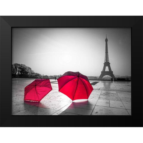 Two Umbrellas in front of the Eiffel tower, Paris, France Black Modern Wood Framed Art Print by Frank, Assaf