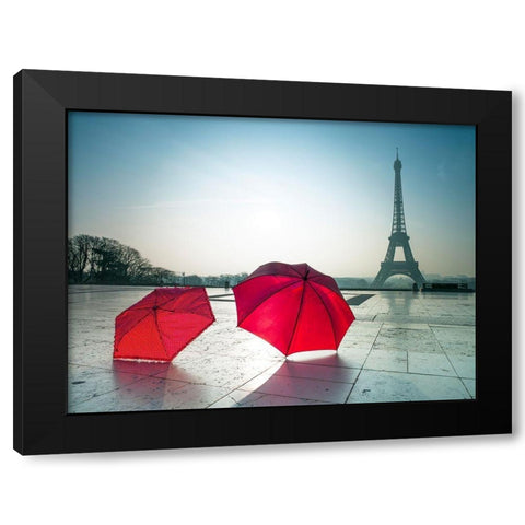 Umbrellas and Eiffel tower Black Modern Wood Framed Art Print by Frank, Assaf