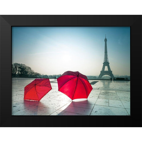 Umbrellas and Eiffel tower Black Modern Wood Framed Art Print by Frank, Assaf