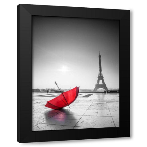 Umbrella in front of the Eiffel tower, Paris, France Black Modern Wood Framed Art Print by Frank, Assaf
