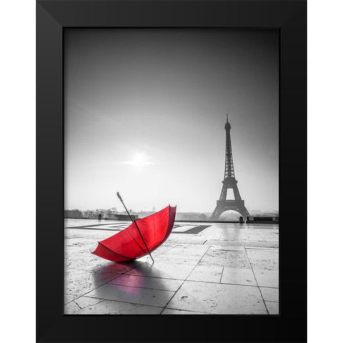 Umbrella in front of the Eiffel tower, Paris, France Black Modern Wood Framed Art Print by Frank, Assaf