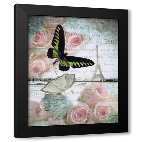 Eiffel tower with butterfly and roses overlay Black Modern Wood Framed Art Print by Frank, Assaf