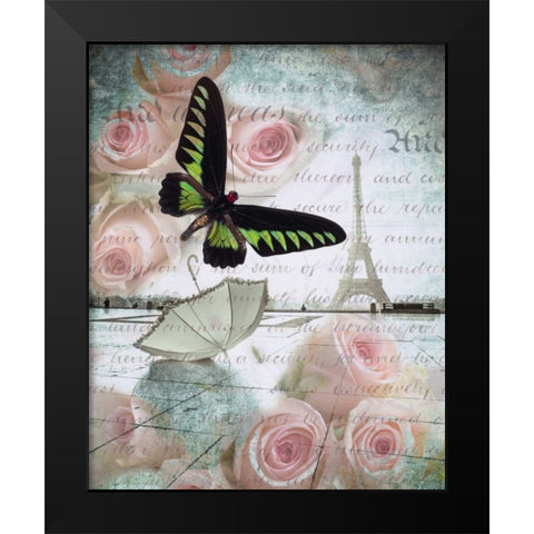 Eiffel tower with butterfly and roses overlay Black Modern Wood Framed Art Print by Frank, Assaf