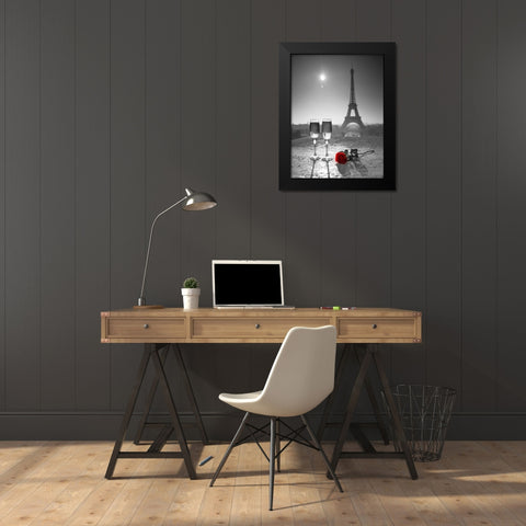 Champagne glasses with red rose next to the Eiffel tower Black Modern Wood Framed Art Print by Frank, Assaf