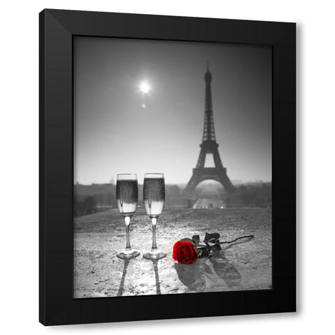 Champagne glasses with red rose next to the Eiffel tower Black Modern Wood Framed Art Print by Frank, Assaf