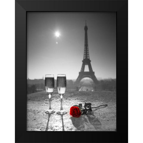 Champagne glasses with red rose next to the Eiffel tower Black Modern Wood Framed Art Print by Frank, Assaf