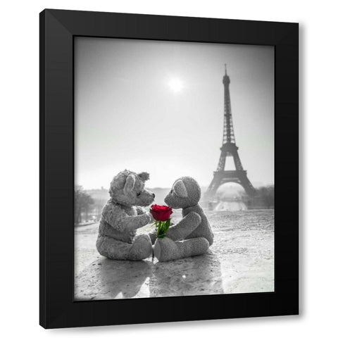 Two Teddy bears with a rose next to the Eiffel tower Black Modern Wood Framed Art Print by Frank, Assaf