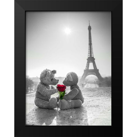 Two Teddy bears with a rose next to the Eiffel tower Black Modern Wood Framed Art Print by Frank, Assaf