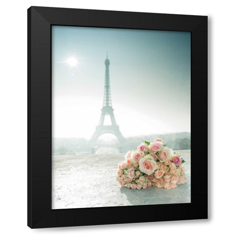 Bunch of roses next to the Eiffel tower Black Modern Wood Framed Art Print by Frank, Assaf