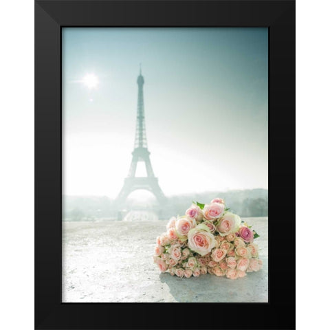 Bunch of roses next to the Eiffel tower Black Modern Wood Framed Art Print by Frank, Assaf