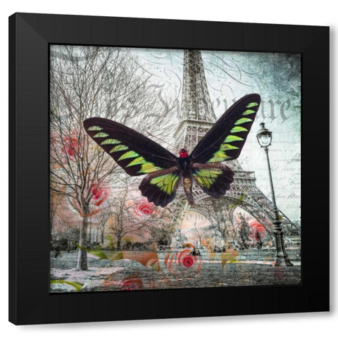 Eiffel tower with butterfly and roses overlay Black Modern Wood Framed Art Print by Frank, Assaf