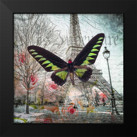 Eiffel tower with butterfly and roses overlay Black Modern Wood Framed Art Print by Frank, Assaf