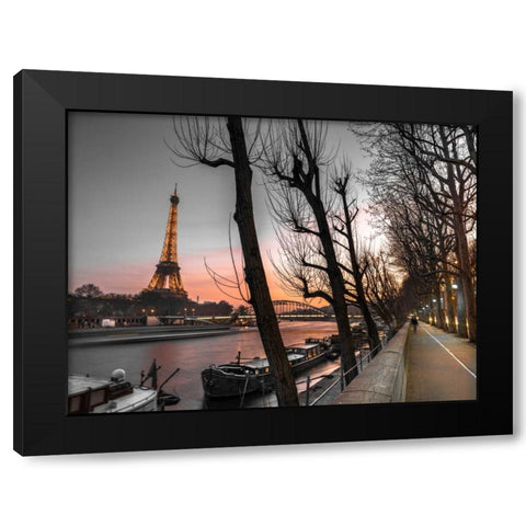 Row of trees, the river Seine and the Eiffel tower at dusk Black Modern Wood Framed Art Print by Frank, Assaf