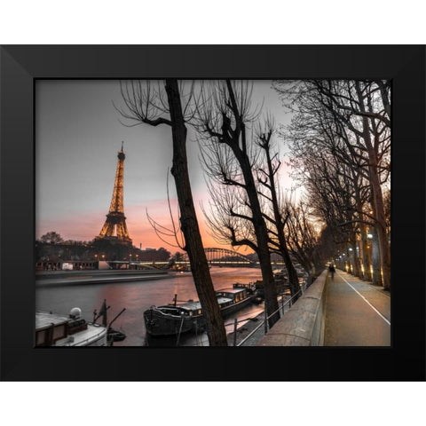 Row of trees, the river Seine and the Eiffel tower at dusk Black Modern Wood Framed Art Print by Frank, Assaf