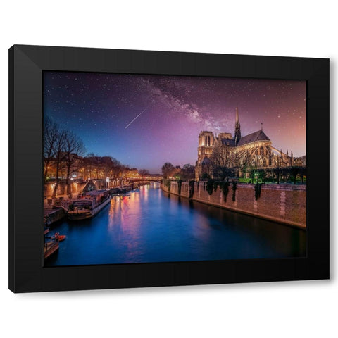 Notre-Dame de Paris at night, France Black Modern Wood Framed Art Print by Frank, Assaf