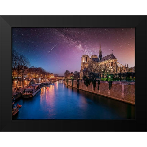 Notre-Dame de Paris at night, France Black Modern Wood Framed Art Print by Frank, Assaf